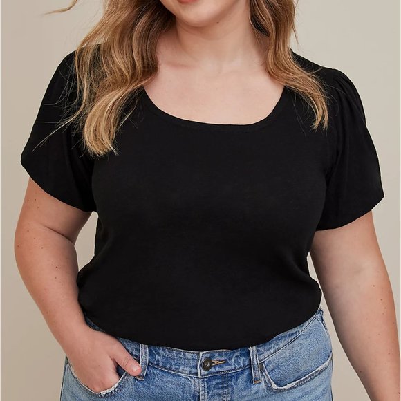 torrid Tops - PUFF SLEEVE TEE BLACK HERITAGE SLUB KNIT COTTON - Plus Size 3X